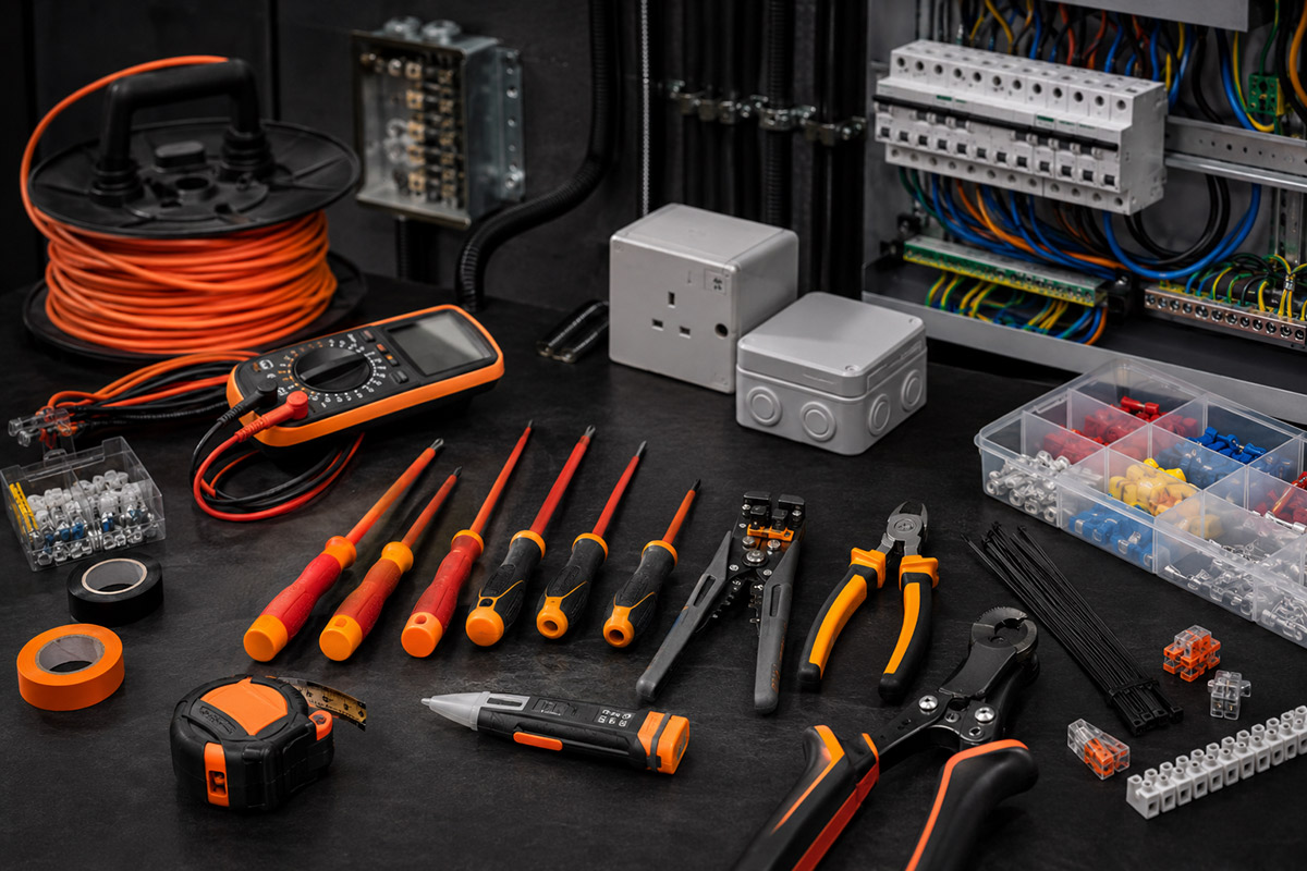 Electrician testing a consumer unit with a multimeter